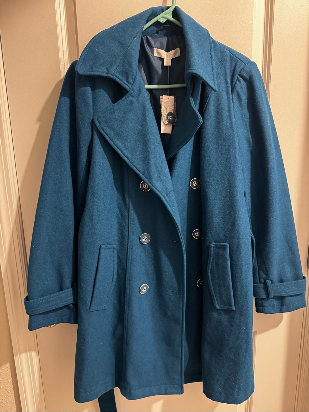 New York & Company Teal Double-Breasted Pea Coat